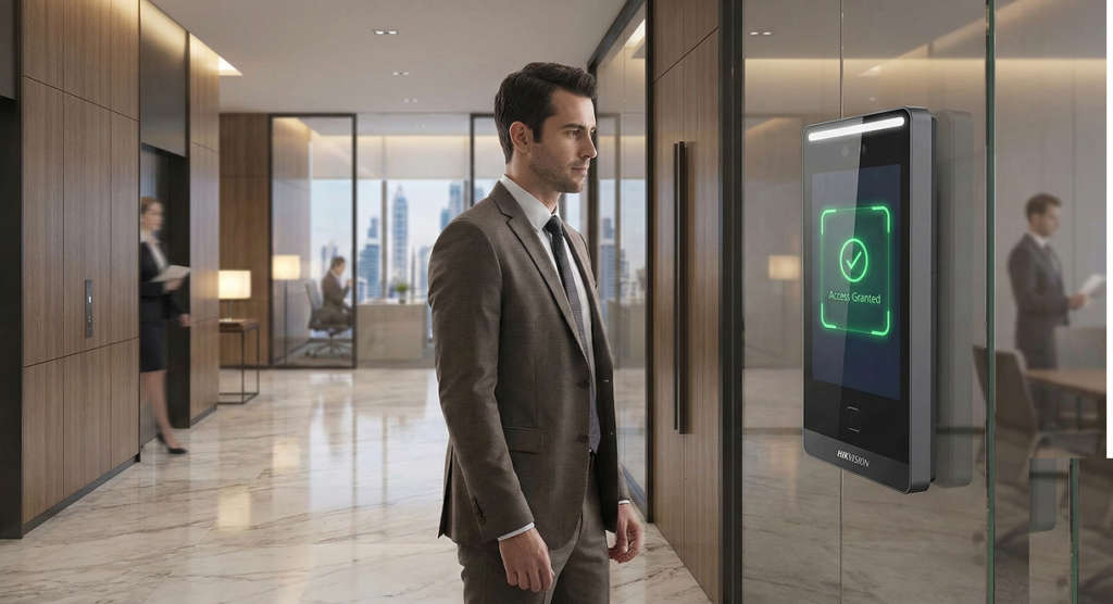 A professional employee in business attire is standing briefly in front of a sleek, wall-mounted Hikvision Face Recognition terminal.