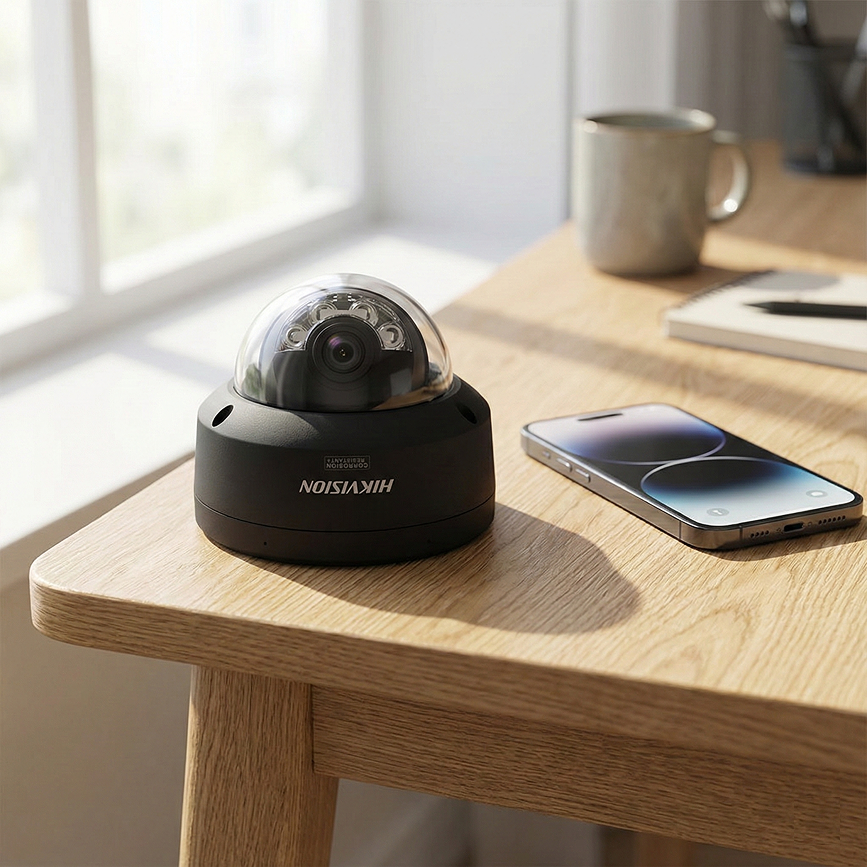 Hikvision dome camera sitting on a light oak wooden desk