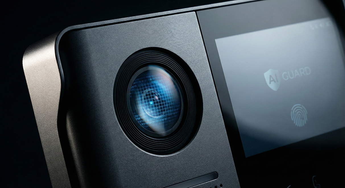 A cinematic extreme close-up of the camera lens and touch screen of a modern IP Video Intercom outdoor station. The lens reflects a faint blue digital grid pattern, symbolizing AI security. The device body is dark grey metal with minimalist design.