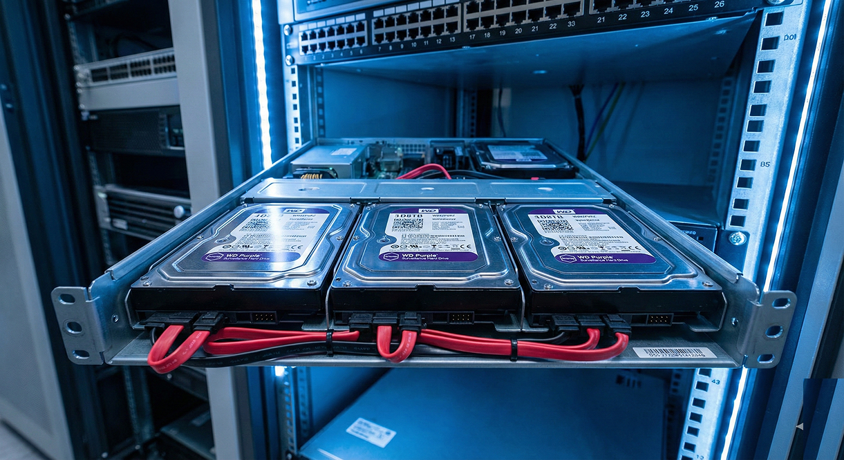 A close-up photograph inside a lit server rack cabinet in a modern data center. An open Hikvision Network Video Recorder (NVR) chassis is visible. Inside the NVR drive bays, three Western Digital Purple hard drives