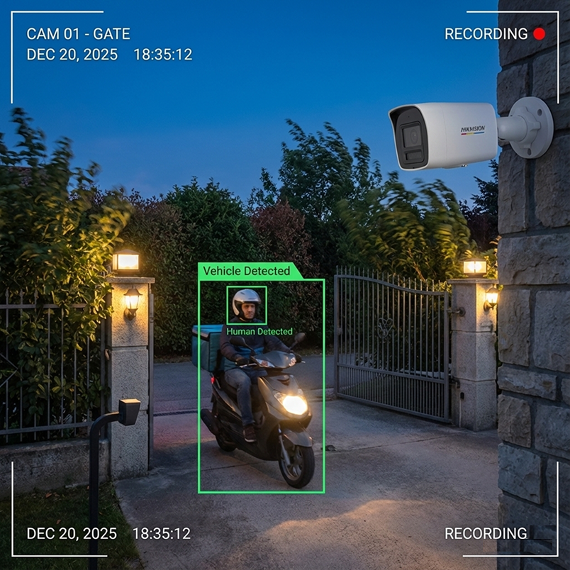 A photorealistic Hikvision DS-2CD1027G2H-LIU(F) CCTV angle of a residential gate at twilight. A delivery scooter is arriving. A sleek green digital box tracks the scooter with the label 'Vehicle Detected', and another tracks the driver with 'Human Detected'. The background leaves blowing in the wind are ignored (no tracking box). High-tech security interface style