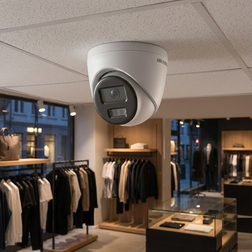 A close-up, eye-level shot of the white Hikvision Turret camera (DS-2CD1327G2H) mounted on the white ceiling of a modern boutique shop. The environment is dimly lit after hours, but the camera lens is wide open.