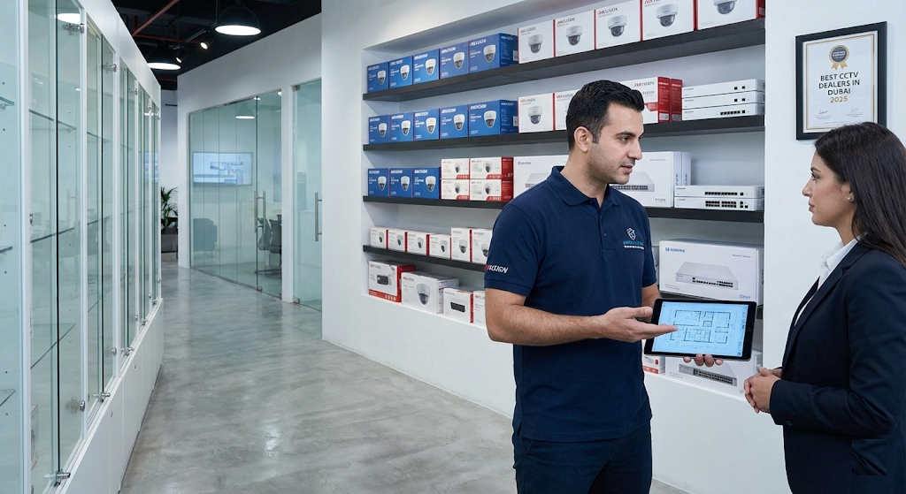 Inside a modern high-tech security showroom. Shelves are neatly stocked with Hikvision boxes and white network switches. A professional engineer in a branded polo shirt is holding a tablet, showing a floor plan to a business client. Bright lighting, clean composition, representing 'best cctv dealers in dubai