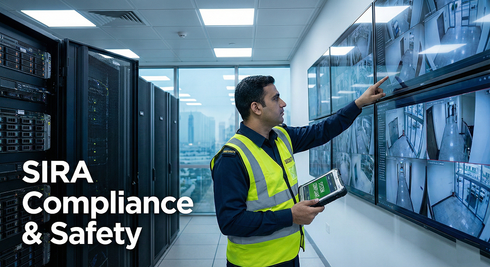 A professional photograph of a uniformed security engineer in a high-vis vest standing in a modern Dubai server room. He is pointing at a wall of monitors displaying CCTV feeds while holding a digital checklist tablet. The screen shows 'System Compliant'. Background is sleek and corporate. Lighting is bright and professional. Overlay text style: 'SIRA Compliance & Safety